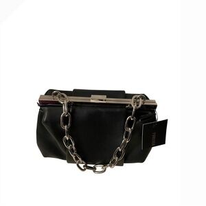 Forever 21 Black Faux Leather Pleated Frame Clutch Bag with Silver Chain Strap